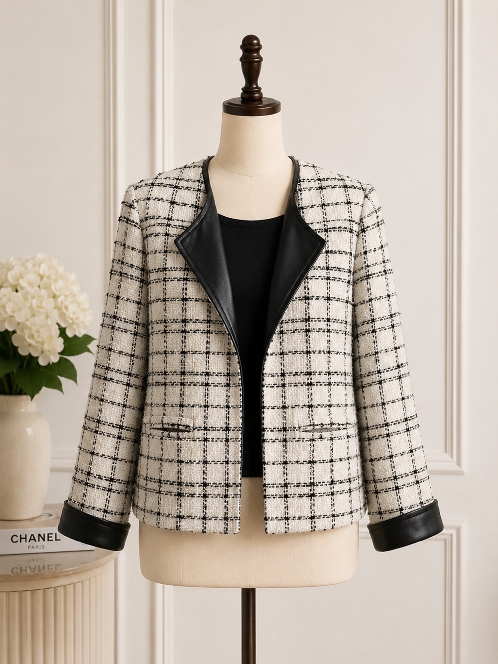 Chico's Black & White Tweed Jacket with Faux Leather Trim